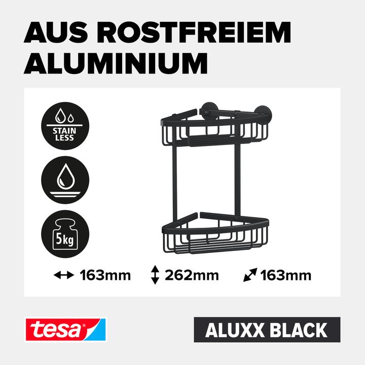 Actual product image tesa ALUXX BLACK corner shower basket incl. adhesive solution without drilling (17.5 x 17.5 x 34.5 cm)