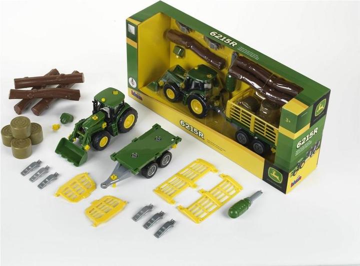 Actual product image Theo Klein John Deere tractor with timber and hay wagon