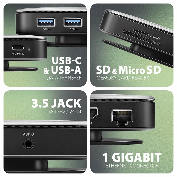 Actual product image Axagon HMC-UFO USB-C hub, M.2 SATA/NVMe, 1 Gbit/s Ethernet, 384 kHz audio - black/silver (USB-C, 3 Ports)