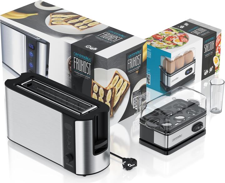 Actual product image Arendo Breakfast set, 2-slice long slot toaster with bread roll top & egg cooker for 6 eggs, silver