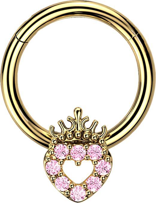 Star Piercing Micro Segmentring klappbar vergoldet Herz mit Kristallen pink und Krone (Messing, Chirurgenstahl 316L)