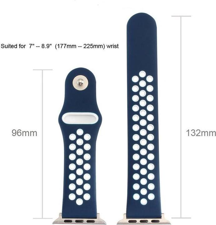 Produktbild Hermex Apple Watch 44mm / 42mm S / M Silikon Sport Armband Strap Soft BLAU WEISS (42 mm, 44 mm, Silikon, M)