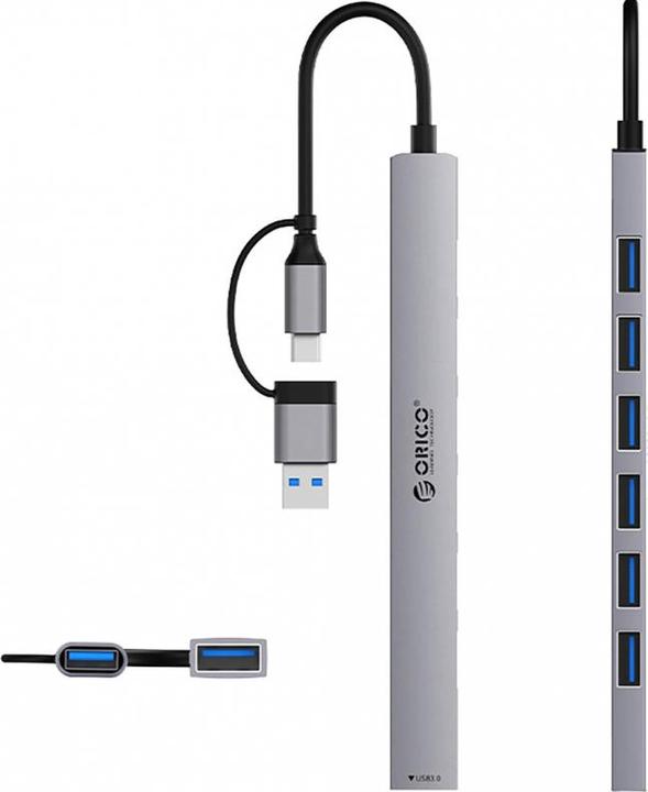 Produktbild Orico Converter YSA2-U3 USB-A/USB-C Hub Docking Station 1x USB-A 3.0 + 6x USB-A 2.0 - Gray (USB-A, 7 Ports)