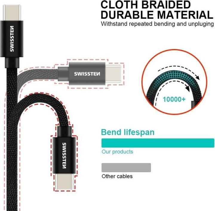 Produktbild Swissten Datenkabel Textil USB-C / USB-C 1.2 M (1.20 m, USB 2.0)