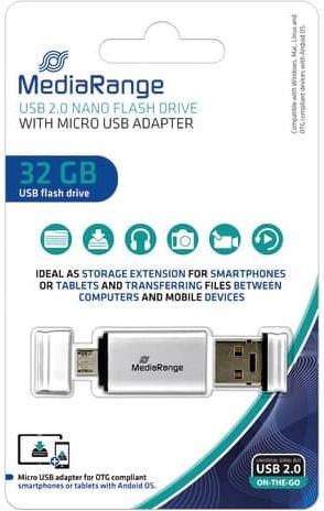 Image du produit MediaRange Nano clé mémoire USB avec adaptateur micro USB (32 Go, Micro USB, USB-A, USB 2.0)