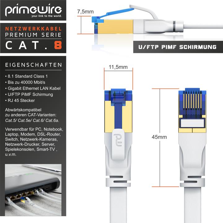 Image du produit Primewire CAT 8.1 Câble réseau plat - Câble patch LAN Câble de données - Câble plat de pose - Cat 6 Cat 7 (U/FTP, CAT8.1, 0.50 m)