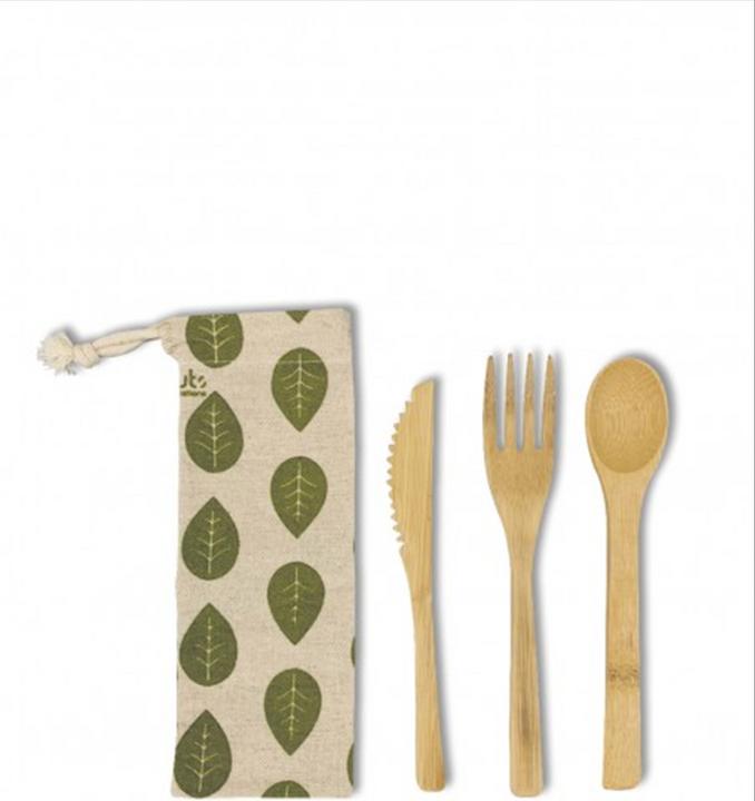 Immagine prodotto Nuts Set di 3 posate di bambù in borsa di lino con foglie, 16 cm (3 Pezzo/i, Coltello)