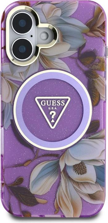 Immagine prodotto Guess Glitter Flowers Triangle Buttons MagSafe Case for iPhone 16 Purple (Apple iPhone 16)