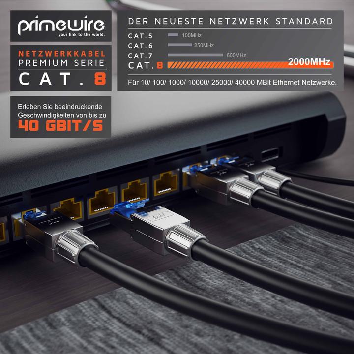 Image du produit Primewire Câble LAN CAT.8, RJ-45, Câble réseau CAT 8, Gigabit Ethernet 40 Gbit/s, S/FTP Pimf Patchkabel (S/FTP, CAT8.1, 5 m)