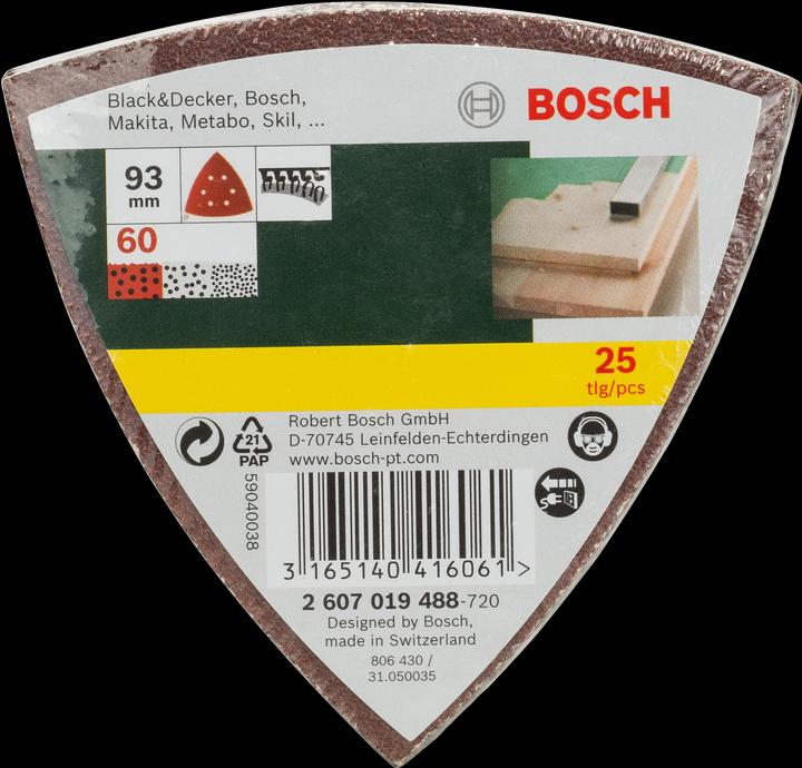 Image du produit Bosch Zubehör Set de feuilles abrasives pour ponceuses Delta, 93 mm, 60, 6 trous, pack de 25 (60)