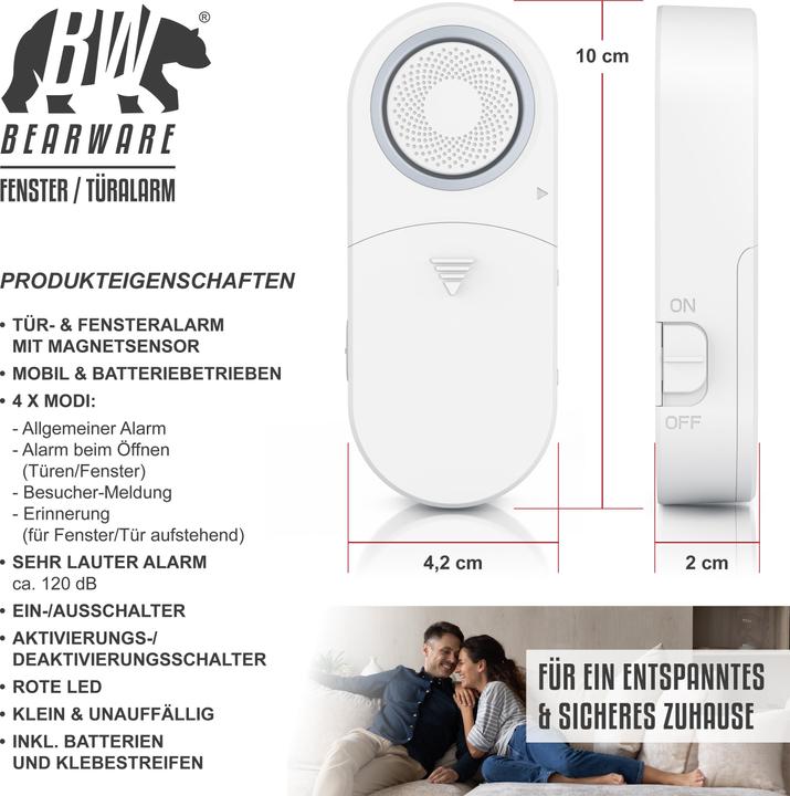 Produktbild Bearware 3x Fenster & Türalarm, 120dB lauter Signalton, Alarmsensor, Einbruchschutz + Batterien, Alarmanlage
