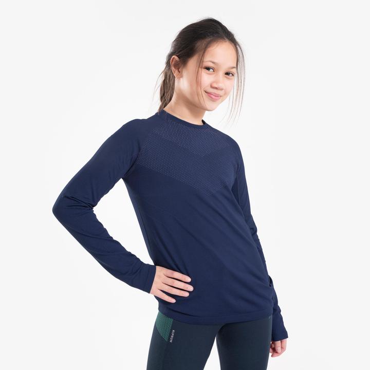 Kiprun Laufshirt langarm Kinder atmungsaktiv - Skincare dunkelblau/grau