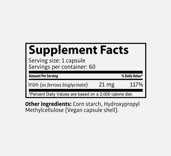 Nutritional values and ingredients Tasnim Iron bisglycinate (60 Piece, Capsules)