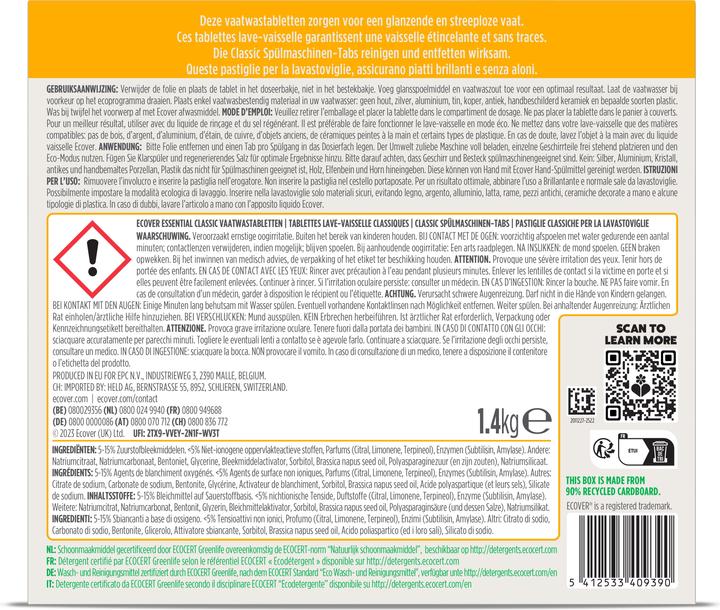 Valeurs nutritives et ingrédients Ecover Languettes pour lave-vaisselle (Tabs, 70 Cycles de lavage)