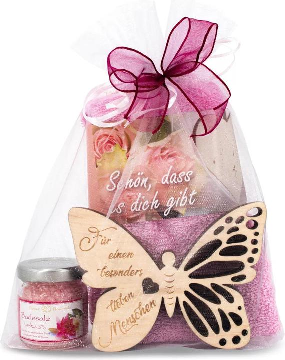 Actual product image ZNatur Gift set Swiss stone pine wood butterfly with engraving Lieber Mensch bath salts & towel No.39 (Body care set)