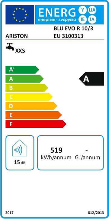 Etichetta energetica Ariston BLU EVO R 10/3 EU scaldabagno Verticale Boiler Sistema per caldaia singola Grigio, Bianco