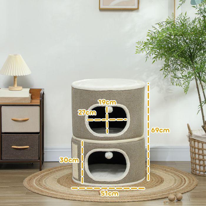 Produktbild Swisshandel24 Kratztonne, 69 cm hoch Katzentonne mit 2 Höhle, Kratzbaum für Katze bis 6 kg (69 cm, Kaffeebraun+Cremeweiss)