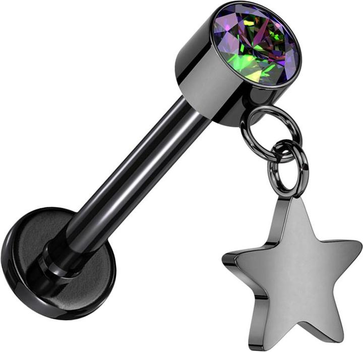 Image du produit Star Piercing Micro Threadless Labret noir Cylindre noir Cristal foncé multicolore Pendentif étoile noir (sans laiton, Titane G23)