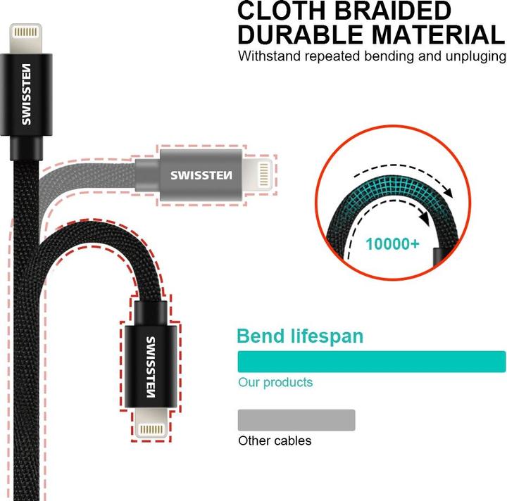 Produktbild Swissten Datenkabel Textil USB / Lightning 1.2 M (1.20 m, USB 3.2 Gen 1)