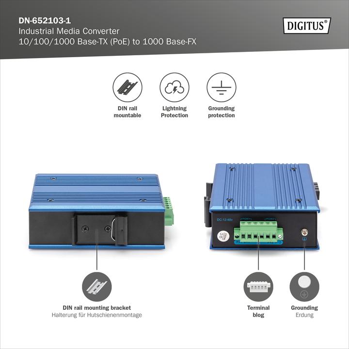 Image du produit Digitus 10/100/1000 Base-TX to 1000 Base-FX Industrial Media Converter (2 Ports)