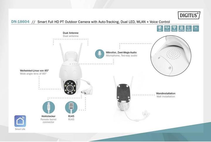 Produktbild Digitus Smarte Full HD PTZ-Aussenkamera mit Auto-Tracking, Dual-LED, WLAN + Sprachsteuerung (1920 x 1080 Pixels)