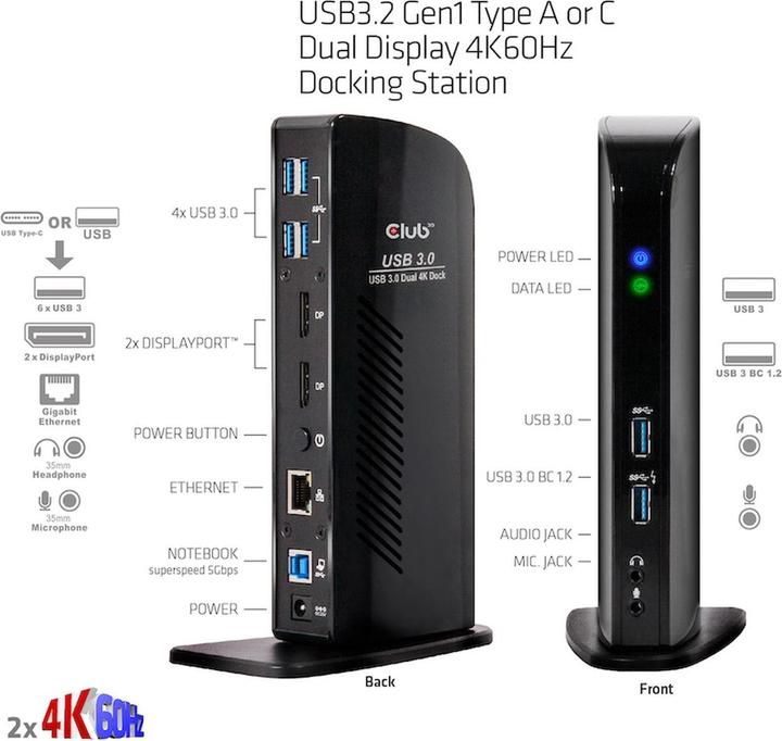 Produktbild Club 3D Dual Display Docking Station 4K60Hz (USB-B, 6 Ports)