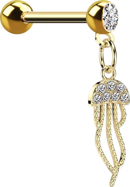 Produktbild Star Piercing Micro Barbell vergoldet mit Kugel und Kugel Kristall silber Anhänger Qualle (Chirurgenstahl 316L, Messing)