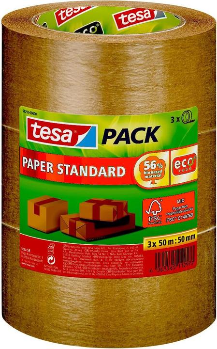 tesa 3x tesapack ruban d'emballage PAPER STANDARD - 56 % de matériau biosourcé - recyclable (50 mm)