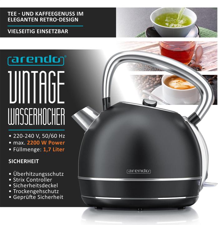 Immagine prodotto Arendo Bollitore da 1,7 l, 2200 W, in acciaio inox stile vintage retrò, protezione contro il (1.70 l)