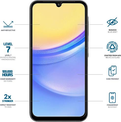 Produktbild Eiger Anti-reflektierendes Glas mit Blaulicht-Filter Full Screen Fit Mountain Glass Blue Edge (1 Stück, Samsung Galaxy A16 5G)