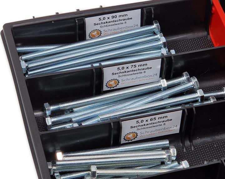 Schraubenbox24 Hexagon bolts assortment M5 65mm-100mm 90 pcs screw box DIN 933/ISO4017 (90 Screws per piece)