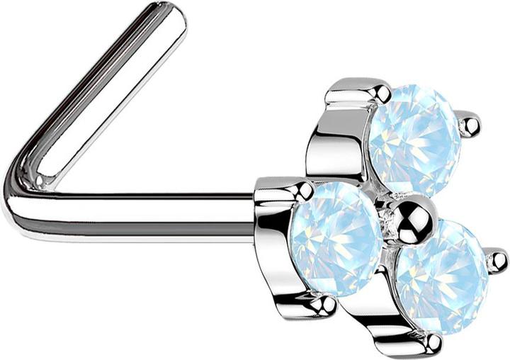 Produktbild Star Piercing Nasenstecker gewinkelt silber dreiblatt Blume Opalite weiss (Messing, Chirurgenstahl 316L)
