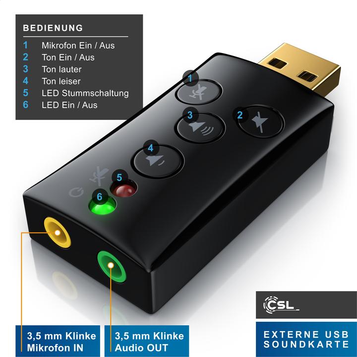 Actual product image CSL USB sound card Virtual 7.1 Surround Sound, external, function buttons, Dynamic 3D, black (USB 2.0)