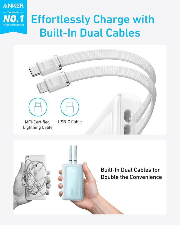 Immagine prodotto Anker - Banca di energia (20K, 30W, cavo USB-C Lightning incorporato) B2C - UN Bianco (20000 mAh, 30 W)