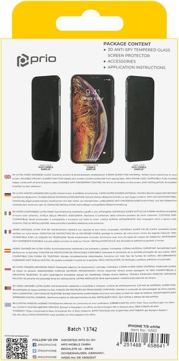 Image du produit prio Verre de protection d'écran 3D Anti-Spy pour iPhone 7/8 blanc (1 pièce(s), Apple iPhone 7, Apple iPhone 8)