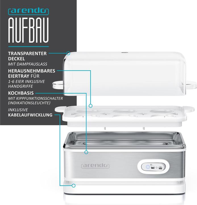 Immagine prodotto Arendo Bollitore per uova in acciaio inox 6 volte, 400 W, acciaio inox, funzione keep warm, durezza