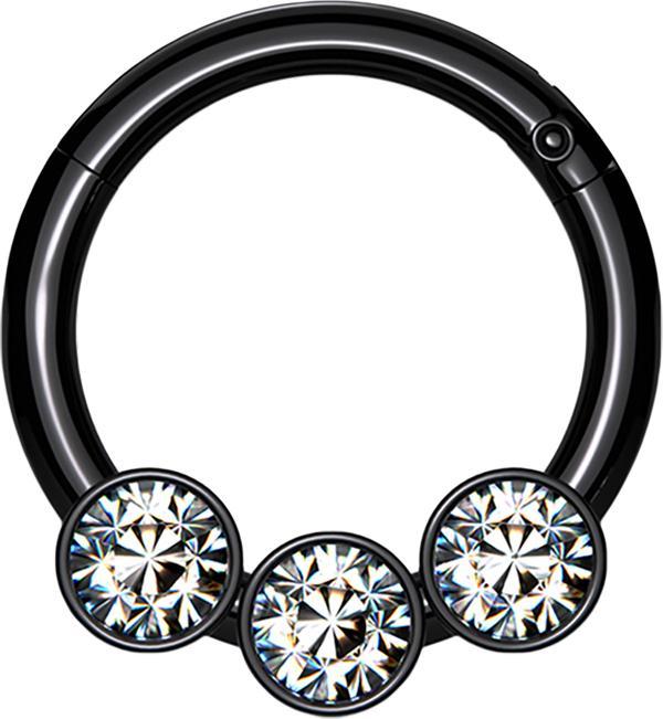 Star Piercing Micro Segmentring klappbar schwarz drei Kugeln Kristalle silber (Chirurgenstahl 316L, ohne Messing)