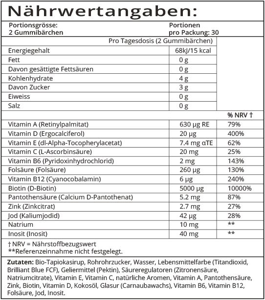 Valeurs nutritives et ingrédients Sugarbearhair Hair Vitamins DUO (120 pièce(s), Gummies, 300 g)