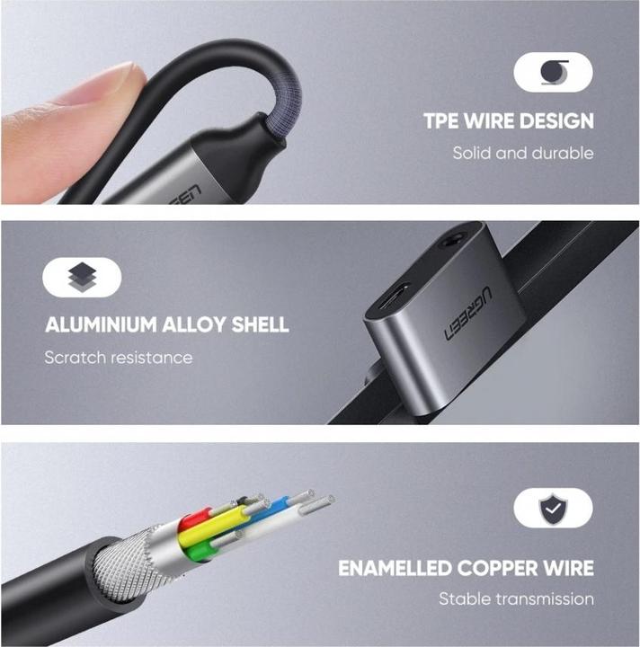 Actual product image Ugreen USB-C to 3.5mm Audio + USB-C Jack Adapter (USB Type C, 3.5mm socket, USB Type C)
