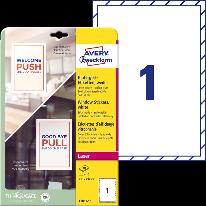 Immagine prodotto Avery Etichette Purpose Form Backglass, 210 x 297 mm, bianco Etichetta foil per stampanti laser