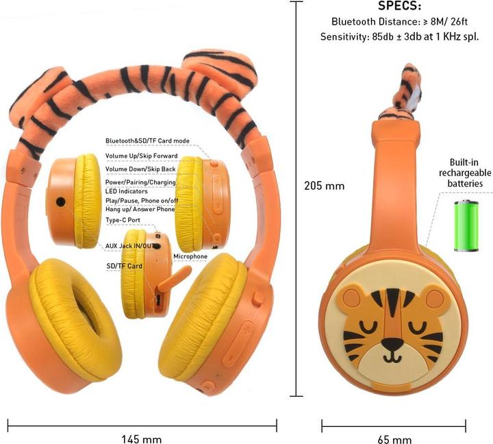 Immagine prodotto PhoneLook Custodia cool sans fil Bluetooth 5.3 per bambini con volume attenuato 85dB e design divertente Tigre