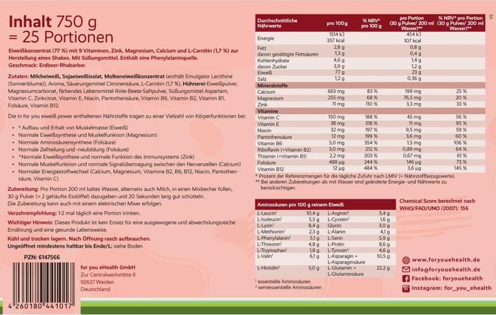 Nährwerte und Zutaten For You whey protein isolate - Joghurt-Himbeere (Erdbeer-Rhabarber, 1 Stk., 750 g)