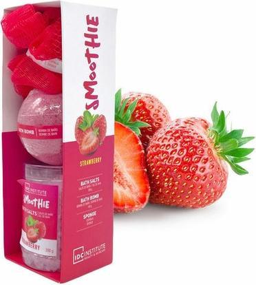 Actual product image IDC Institute Mother's Day Gift Set Strawberry Smoothie Bath Salts Bath Bomb and Sponge