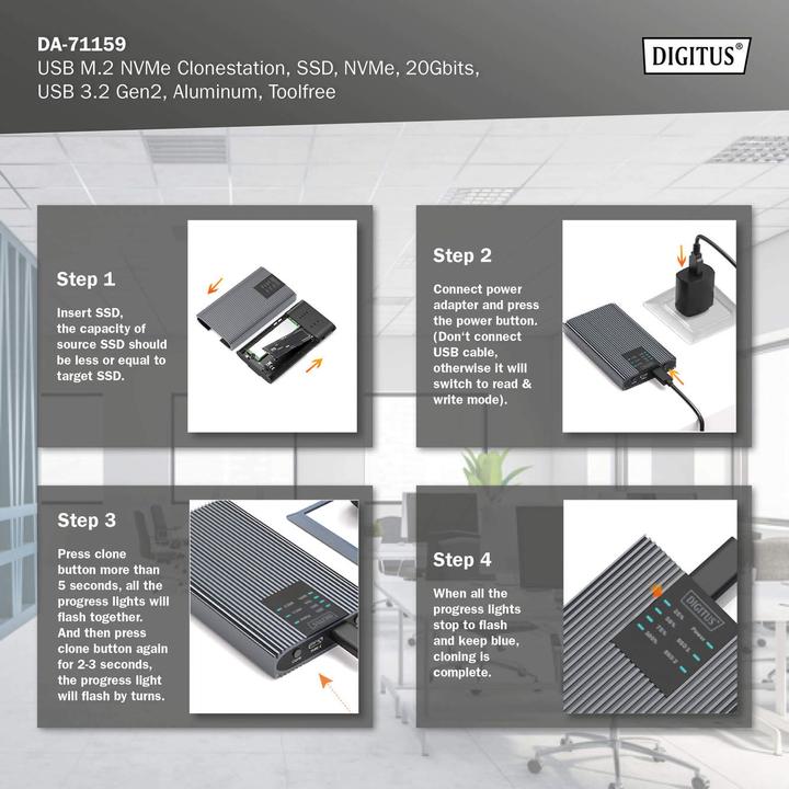 Image du produit Digitus Station de clonage USB M.2 NVMe, SSD, NVMe, 20Gbits, USB 3.2 Gen2, aluminium, toolfree (M.2 2280, M.2 2260, M.2 2242, M.2 2230)
