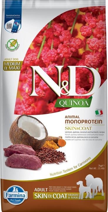 Immagine prodotto Farmina N&D Quinoa Dog Skin&Coat Venison&Coconut Adult Medium&Maxi - Cibo secco per cani - 7 kg (Adulto, 1 pz., 7000 g)