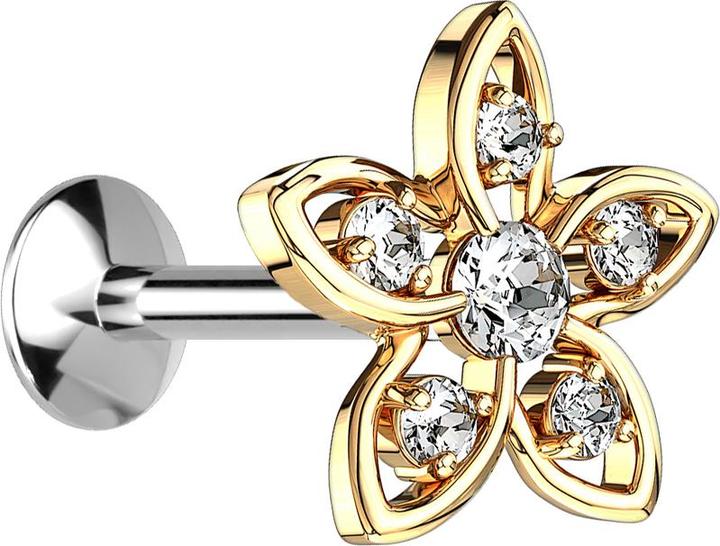 Star Piercing Micro UFO Labret Innengewinde vergoldet mit Blume und Kristall silber (Messing, Chirurgenstahl 316L)