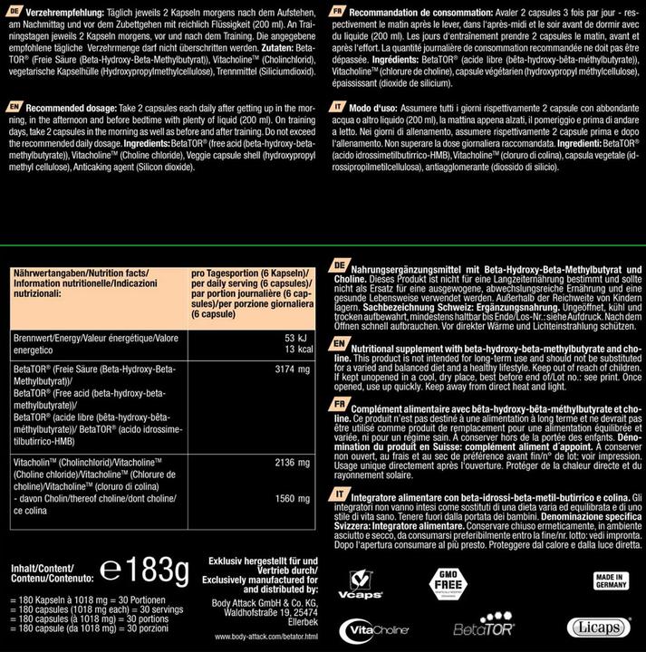 Nährwerte und Zutaten Body Attack BETATOR (180 Caps) (1 Stück, Kapseln, 183 g)