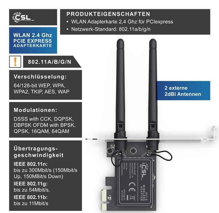 Immagine prodotto CSL Scheda di rete WLAN 2,4 Ghz PCIe, scheda adattatore WiFi 300 Mbit/s con 2x antenne esterne (Mini PCI Express)