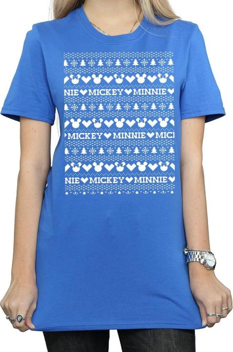 Actual product image Disney Womens/Ladies Mickey And Minnie Christmas Fair Isle Cotton Boyfriend T-Shirt (M)