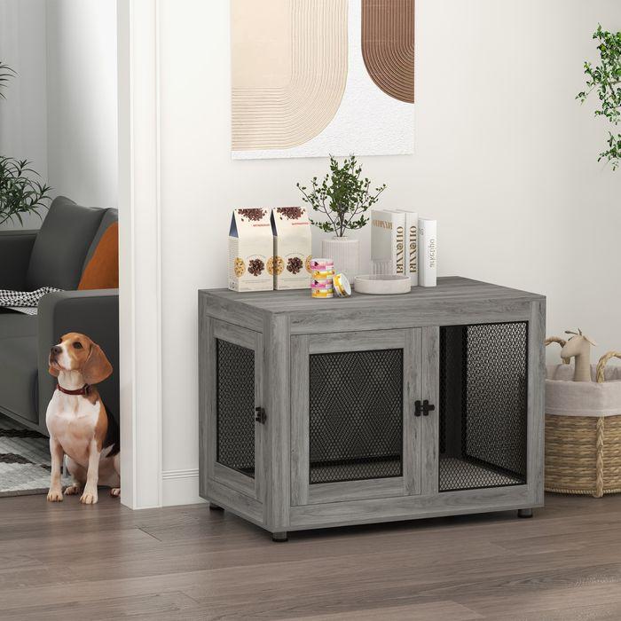 Produktbild Swisshandel24 Hundekäfig für Zuhause, Hundebox mit 2 Türen, Waschbaren Kissen, Grau
